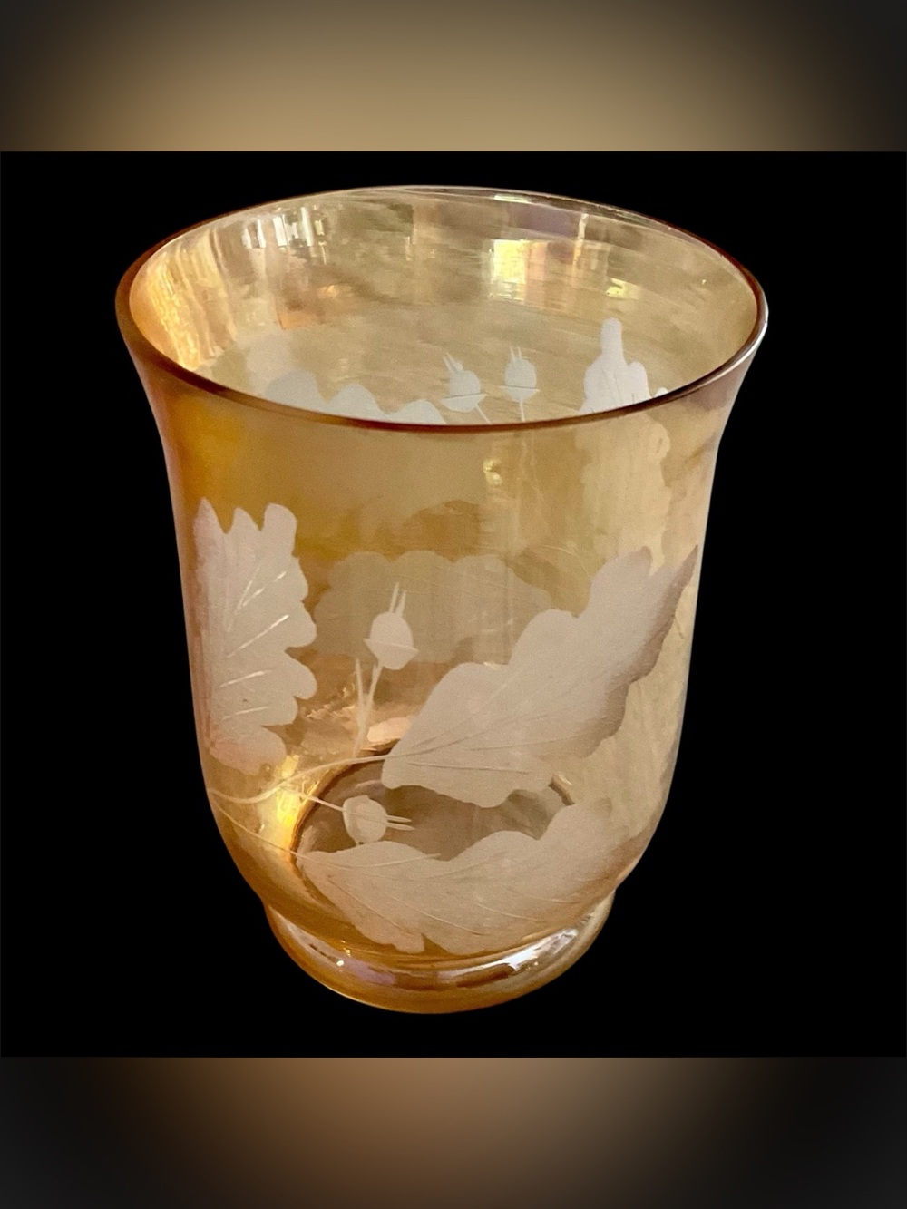 Vintage Iridescent Peachy Orange Etched Leaf Amber Glass Vase or Candle Holder